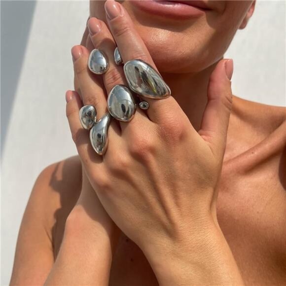 Chunky Gold Rings Set for Women Pearl Flower Crystal - Picture 2 of 6